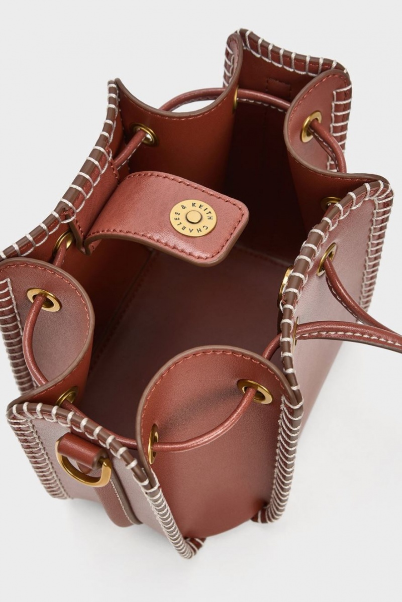 bucket bags Charles And Keith Circe Stitch-Trim καφε | 92531-GAUI