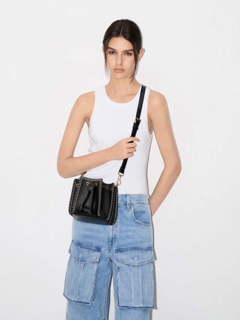 bucket bags Charles And Keith Circe Stitch-Trim μαυρα | 36981-GCXS