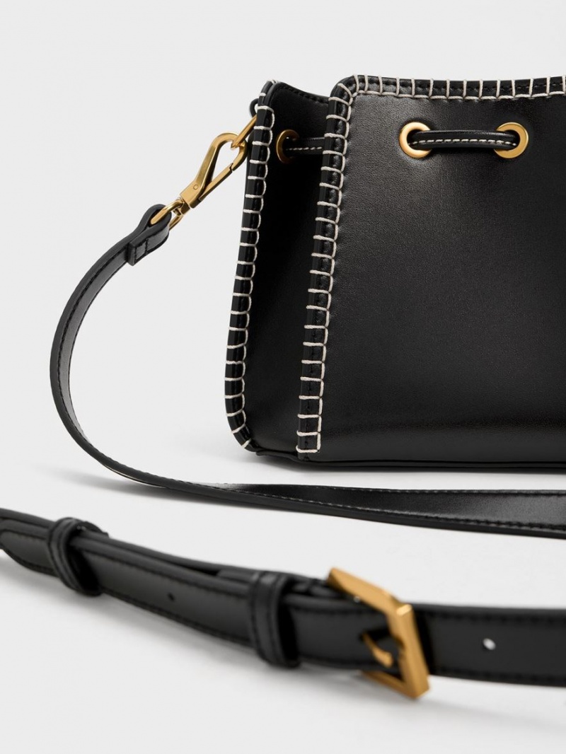 bucket bags Charles And Keith Circe Stitch-Trim μαυρα | 36981-GCXS