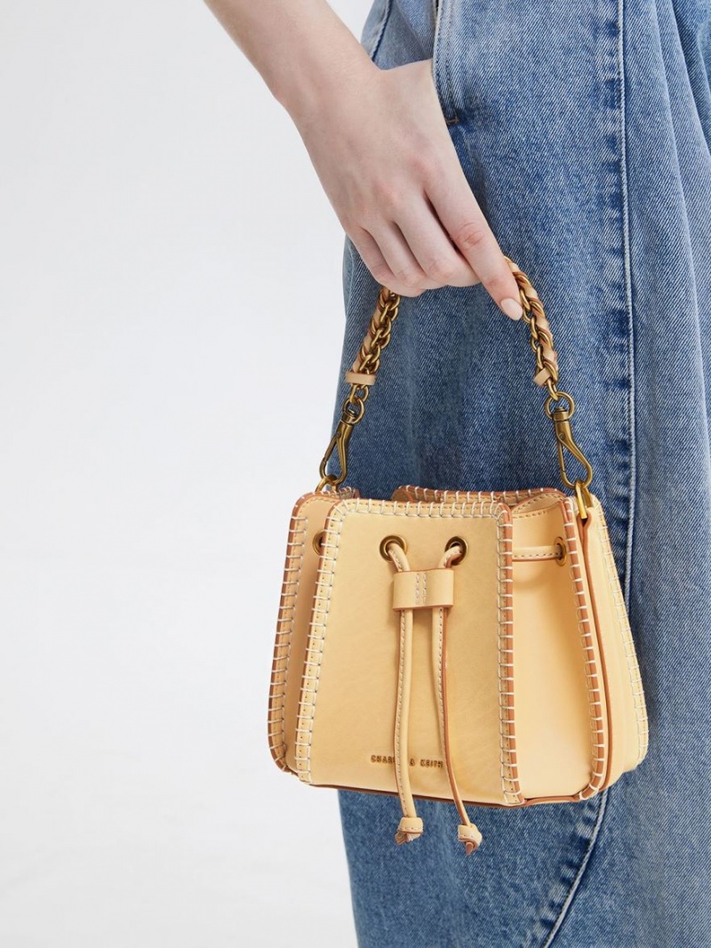 bucket bags Charles And Keith Circe Stitch-Trim Μπεζ | 14375-BNRS