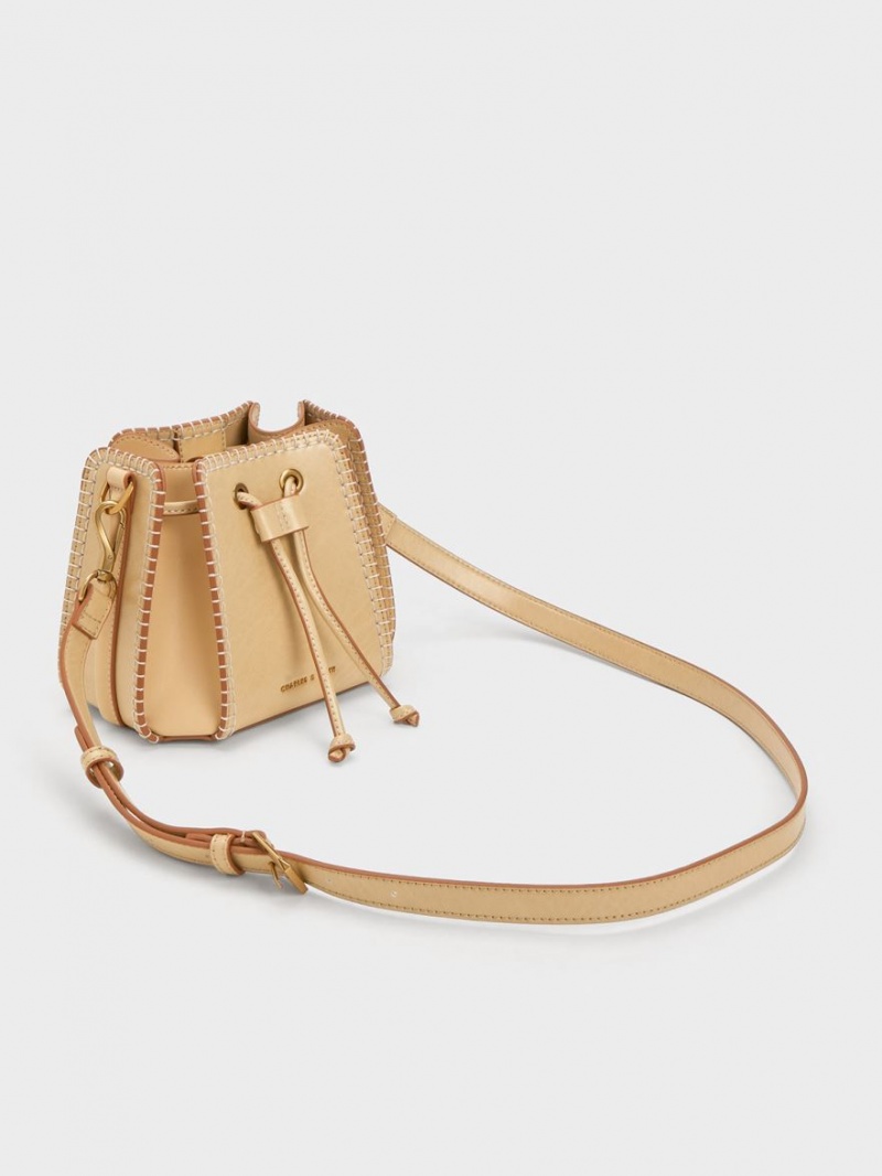 bucket bags Charles And Keith Circe Stitch-Trim Μπεζ | 14375-BNRS