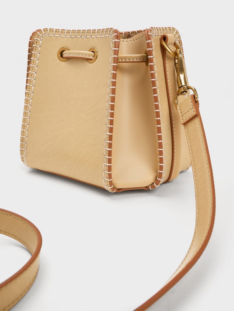 bucket bags Charles And Keith Circe Stitch-Trim Μπεζ | 14375-BNRS