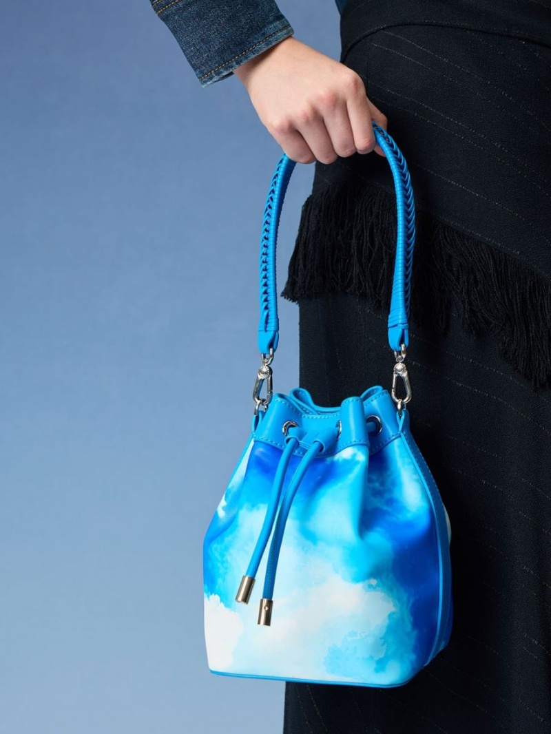 bucket bags Charles And Keith Cloud-Print Braided-Handle Drawstring μπλε | 03528-MWAS