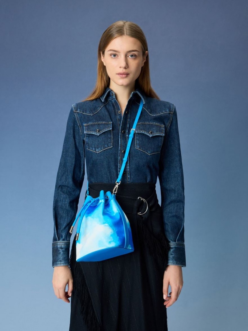 bucket bags Charles And Keith Cloud-Print Braided-Handle Drawstring μπλε | 03528-MWAS