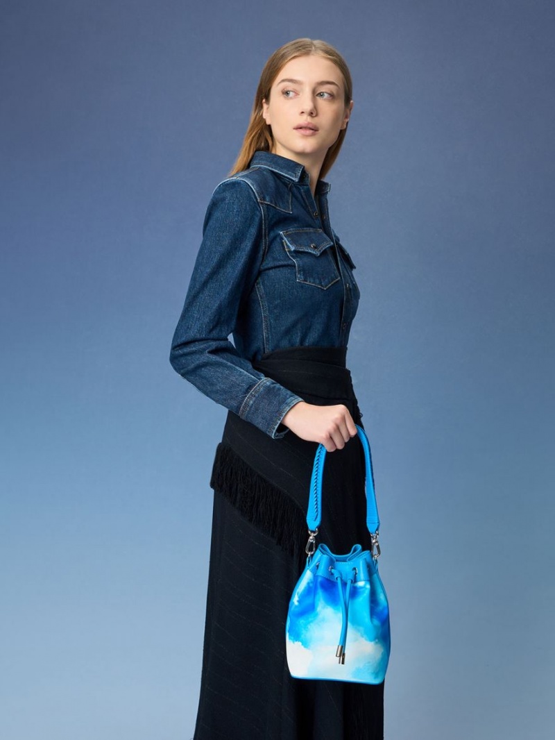 bucket bags Charles And Keith Cloud-Print Braided-Handle Drawstring μπλε | 03528-MWAS