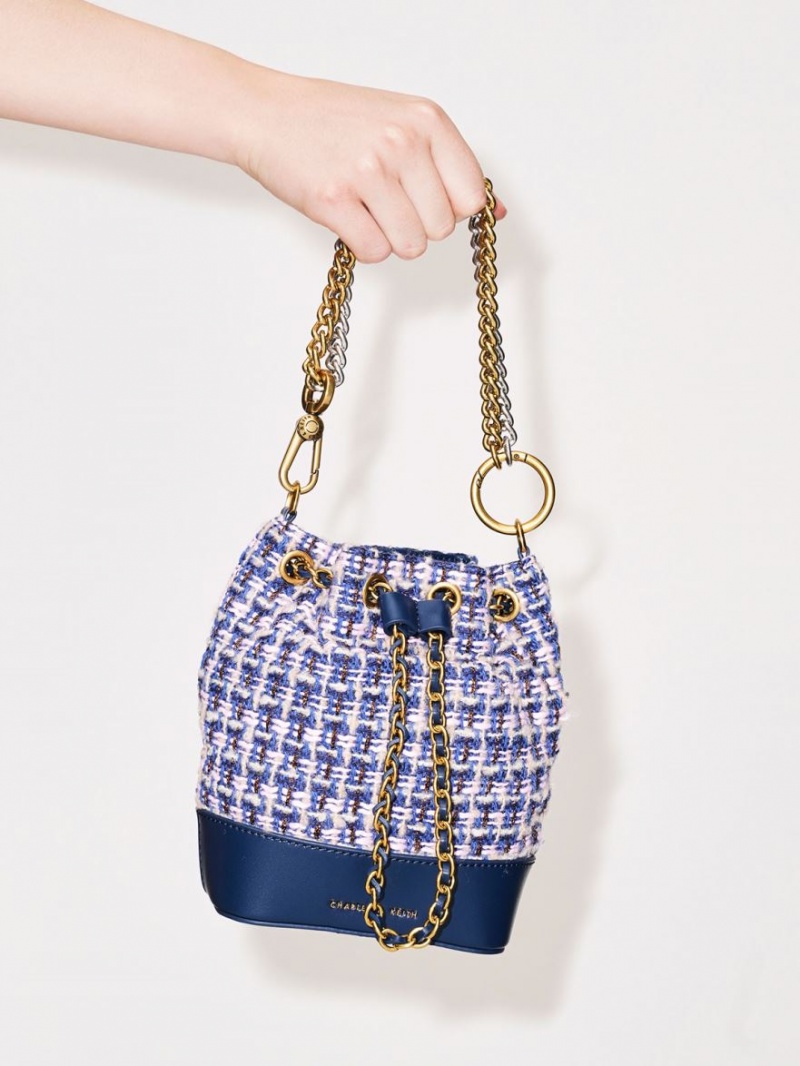bucket bags Charles And Keith Dancer Tweed Drawstring σκουρο μπλε | 67081-KYGE
