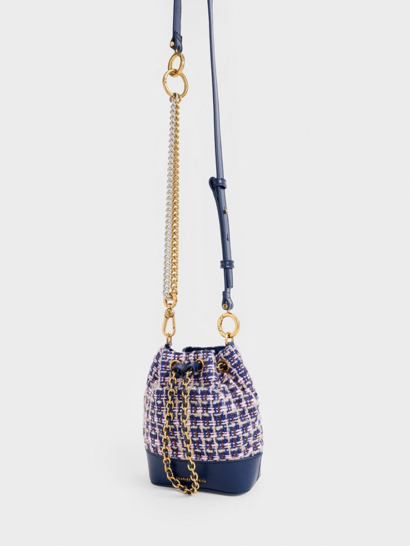 bucket bags Charles And Keith Dancer Tweed Drawstring σκουρο μπλε | 67081-KYGE