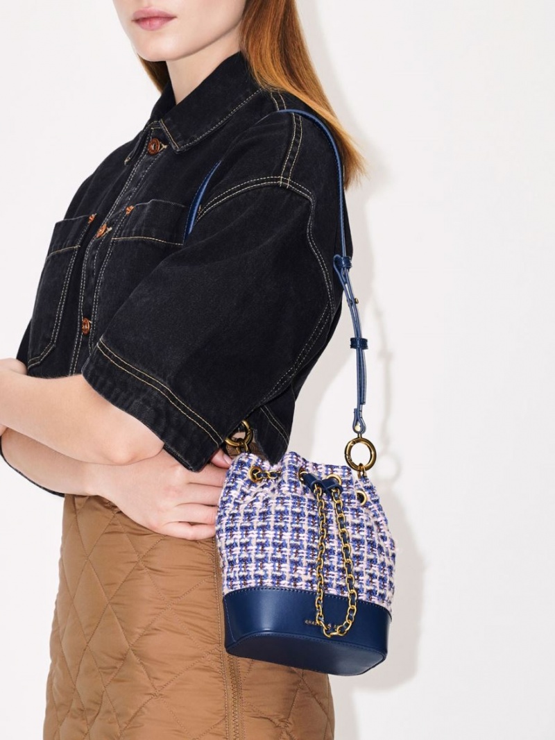 bucket bags Charles And Keith Dancer Tweed Drawstring σκουρο μπλε | 67081-KYGE