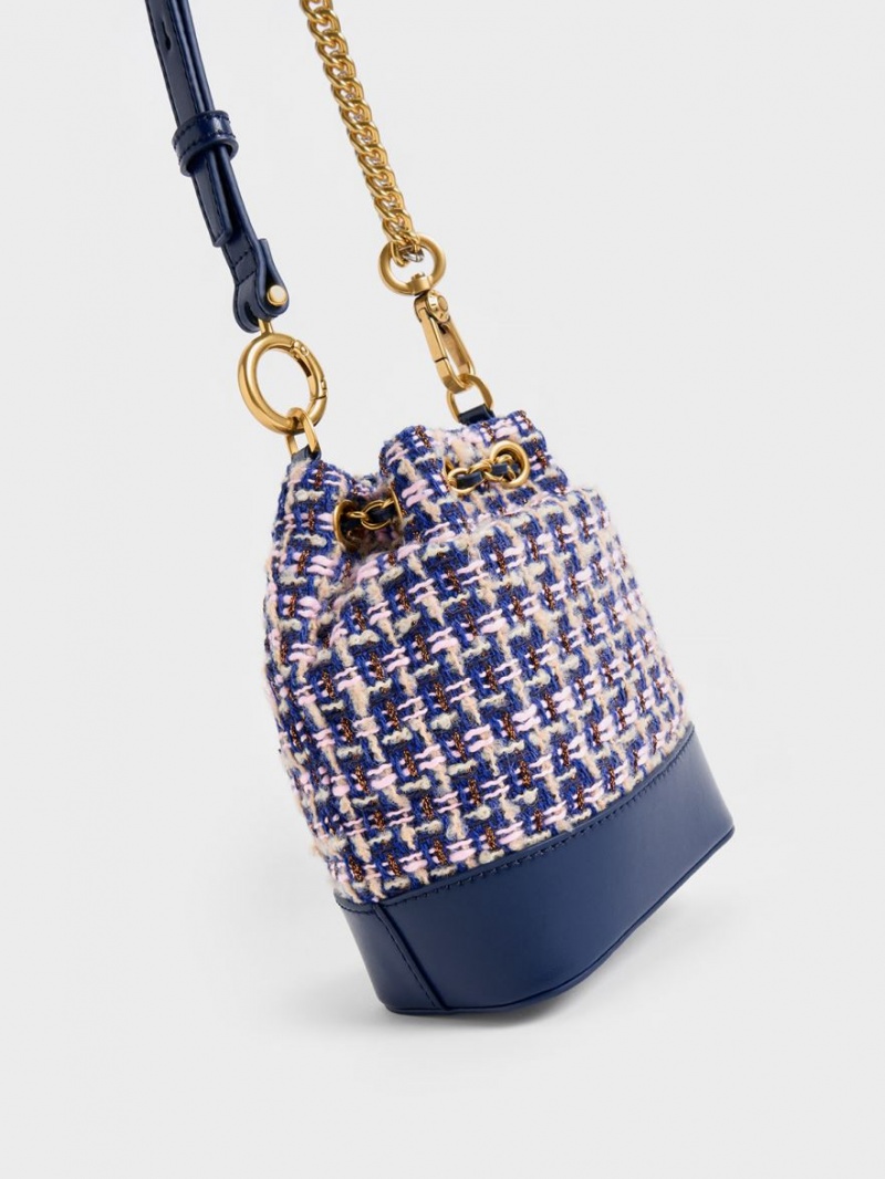 bucket bags Charles And Keith Dancer Tweed Drawstring σκουρο μπλε | 67081-KYGE