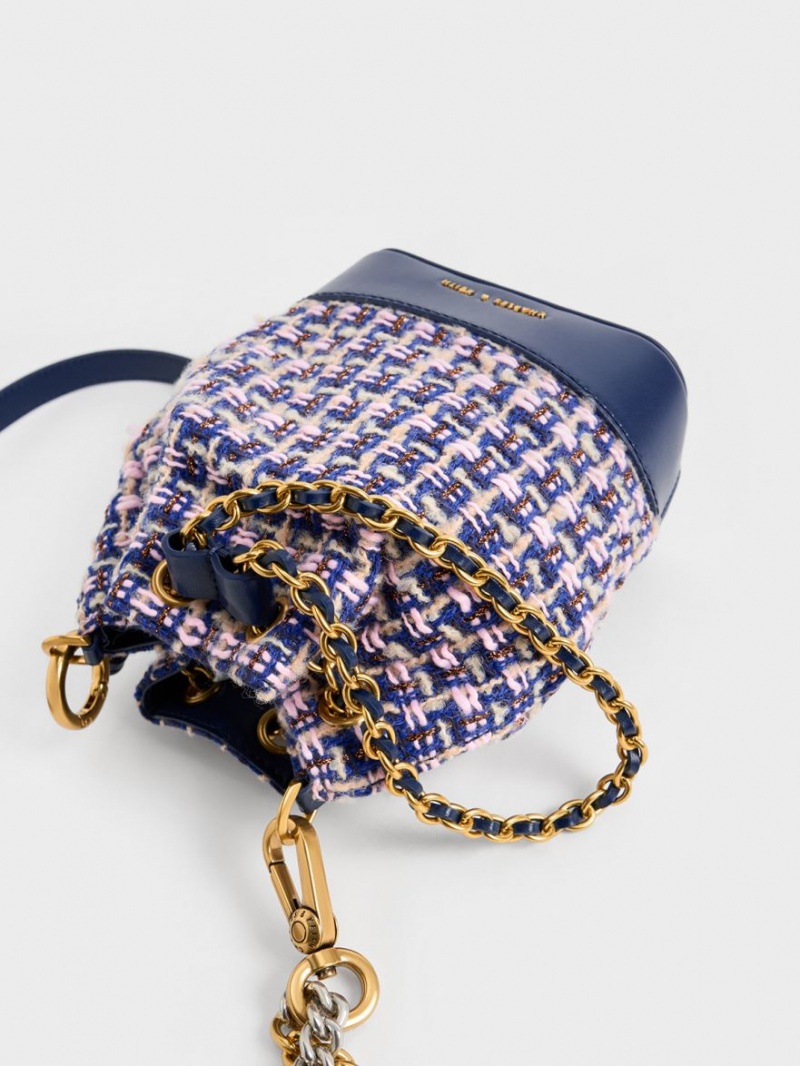 bucket bags Charles And Keith Dancer Tweed Drawstring σκουρο μπλε | 67081-KYGE