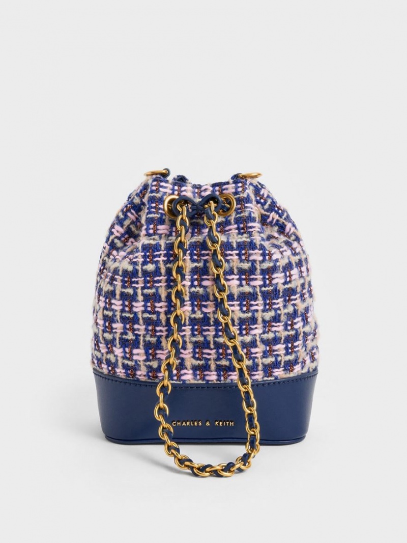 bucket bags Charles And Keith Dancer Tweed Drawstring σκουρο μπλε | 67081-KYGE