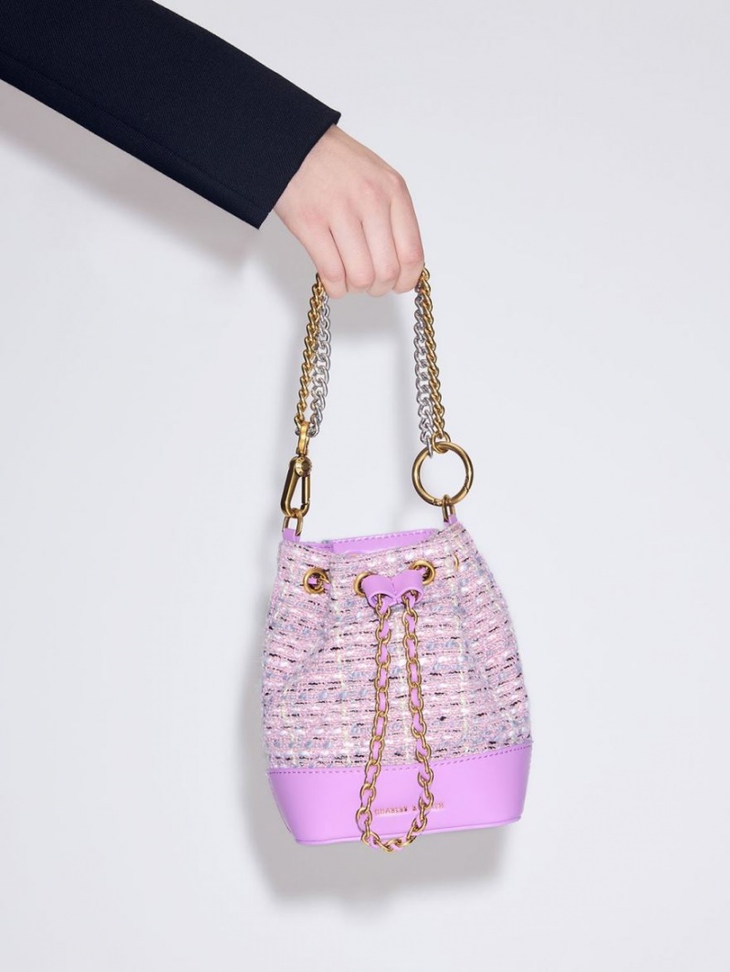 bucket bags Charles And Keith Dancer Tweed Drawstring μωβ | 86139-EQSI