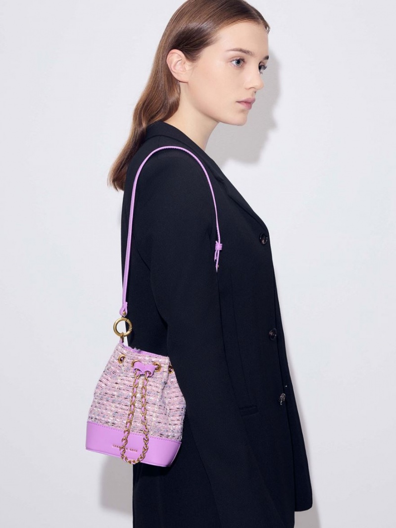 bucket bags Charles And Keith Dancer Tweed Drawstring μωβ | 86139-EQSI