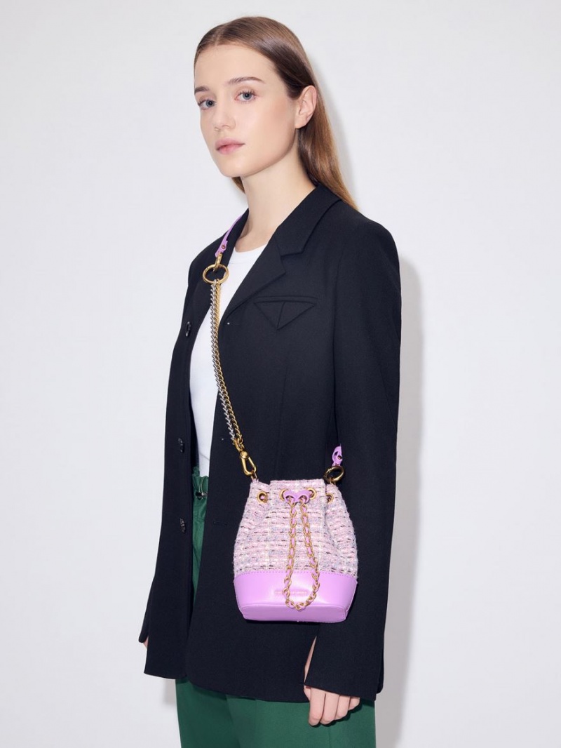 bucket bags Charles And Keith Dancer Tweed Drawstring μωβ | 86139-EQSI