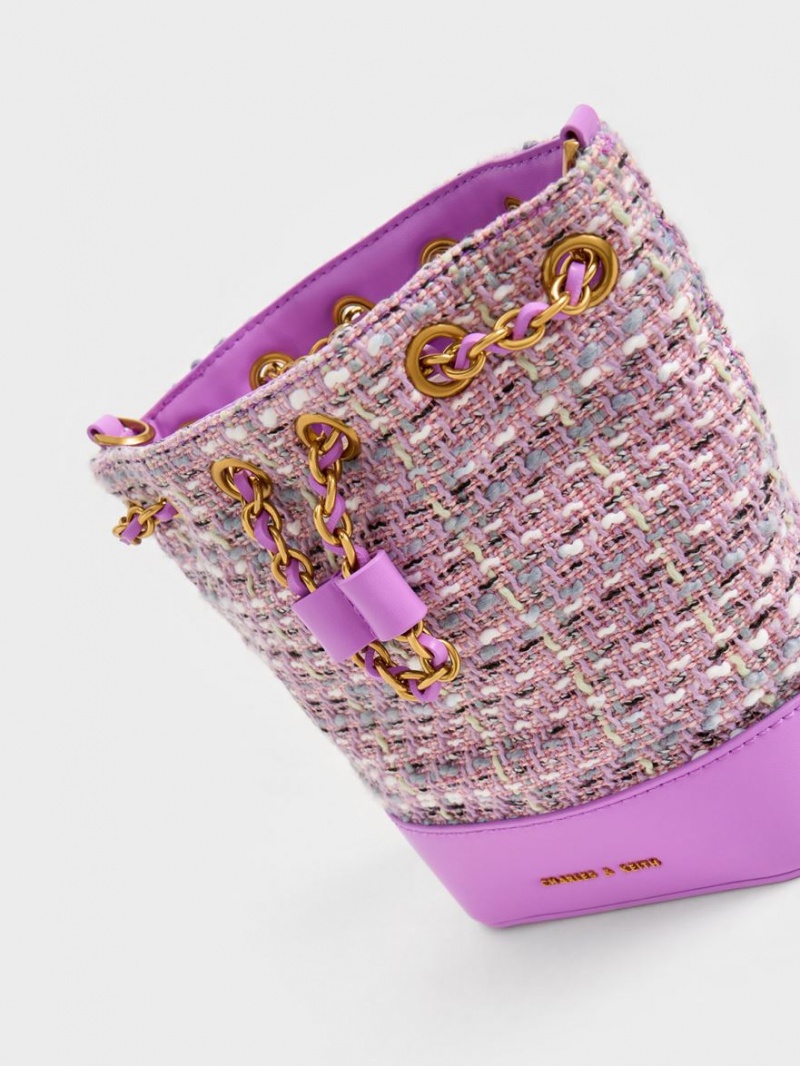 bucket bags Charles And Keith Dancer Tweed Drawstring μωβ | 86139-EQSI