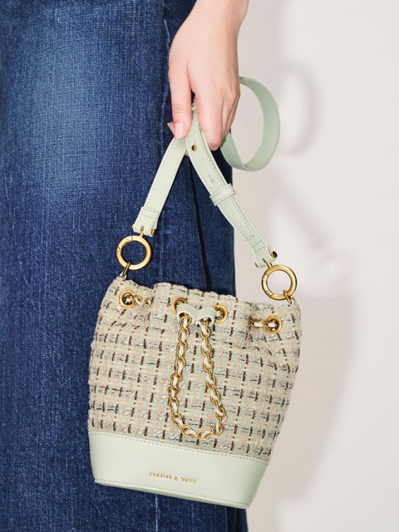 bucket bags Charles And Keith Dancer Tweed Drawstring μεντα | 95812-GKVA