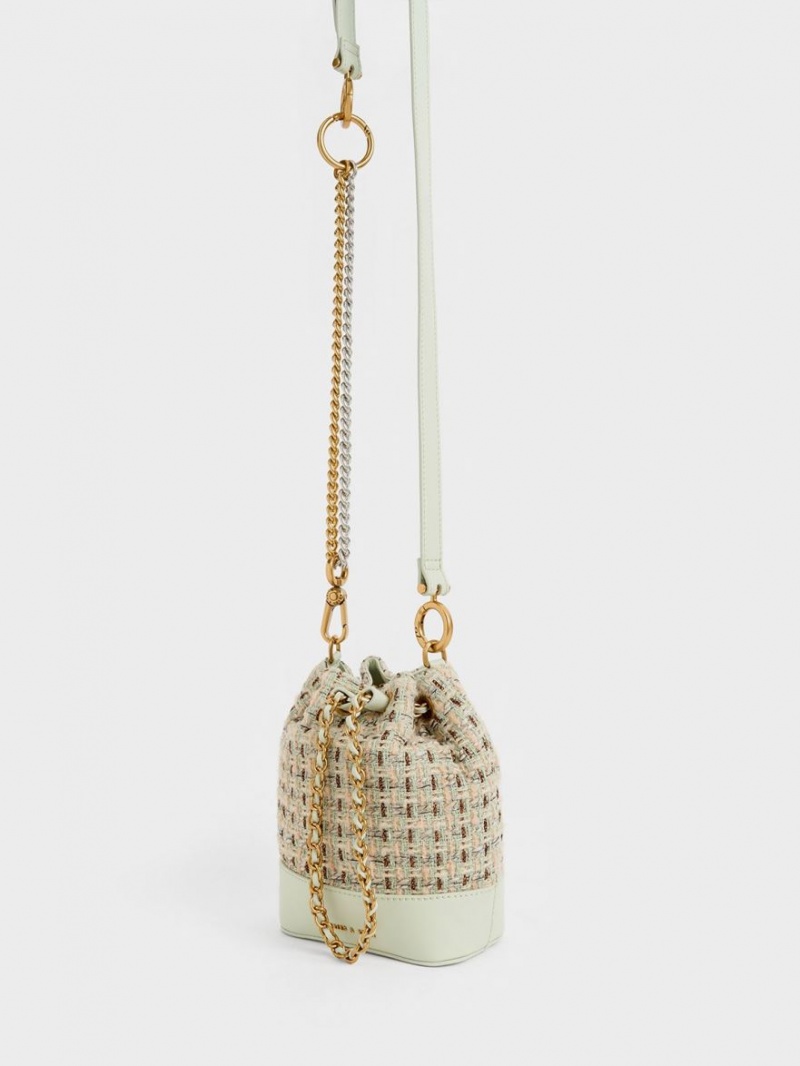 bucket bags Charles And Keith Dancer Tweed Drawstring μεντα | 95812-GKVA