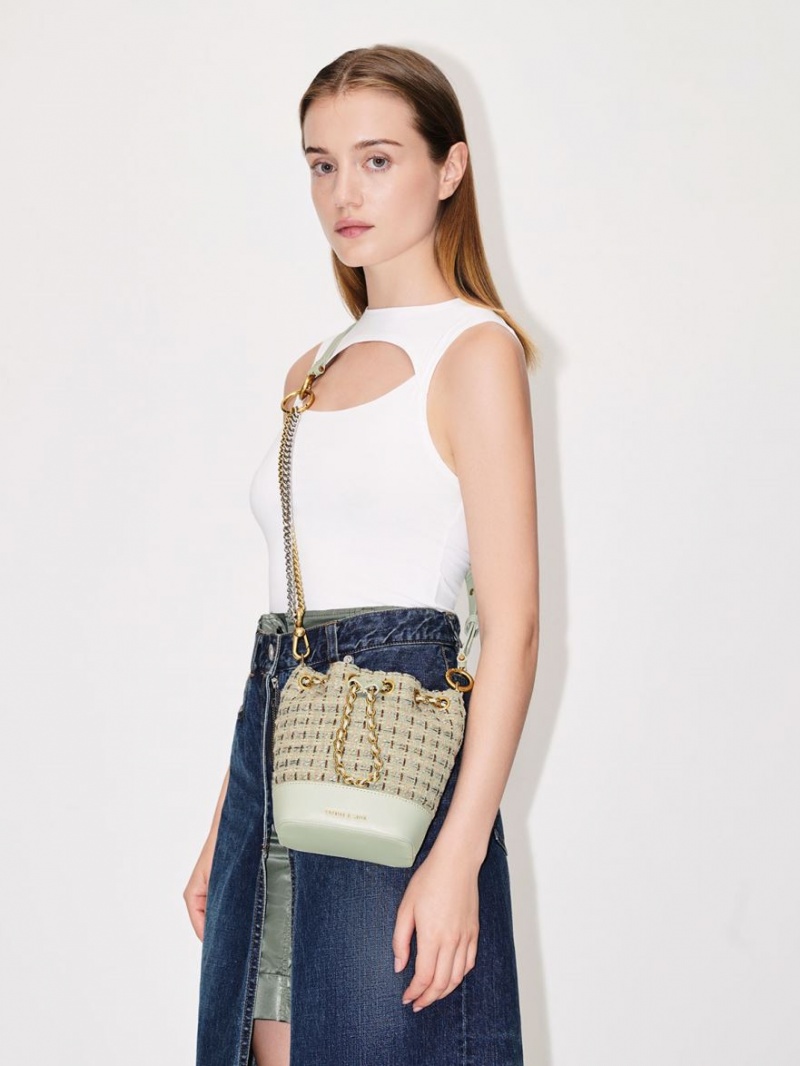 bucket bags Charles And Keith Dancer Tweed Drawstring μεντα | 95812-GKVA