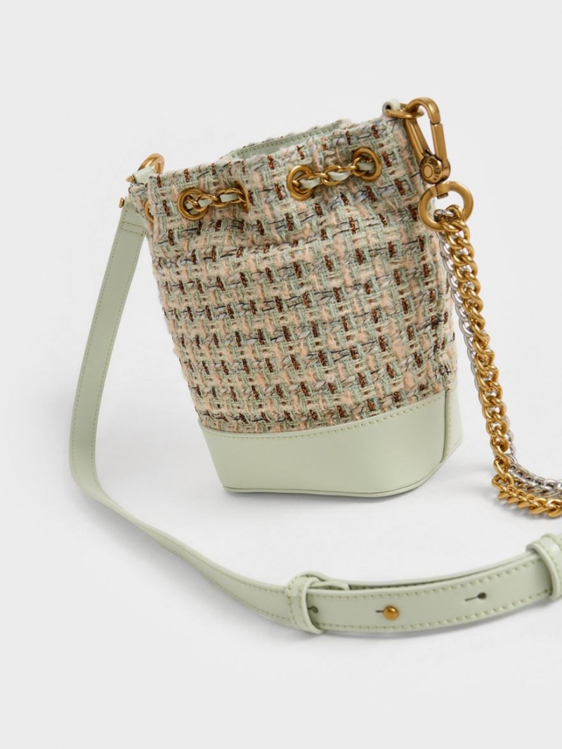 bucket bags Charles And Keith Dancer Tweed Drawstring μεντα | 95812-GKVA