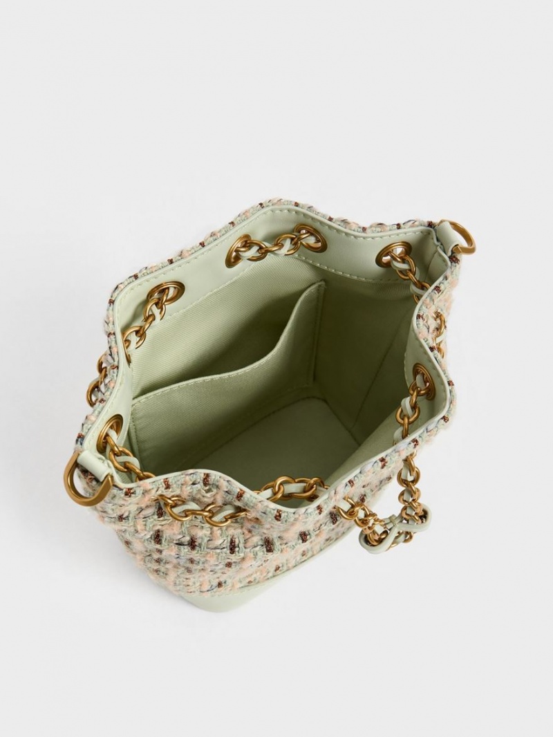 bucket bags Charles And Keith Dancer Tweed Drawstring μεντα | 95812-GKVA