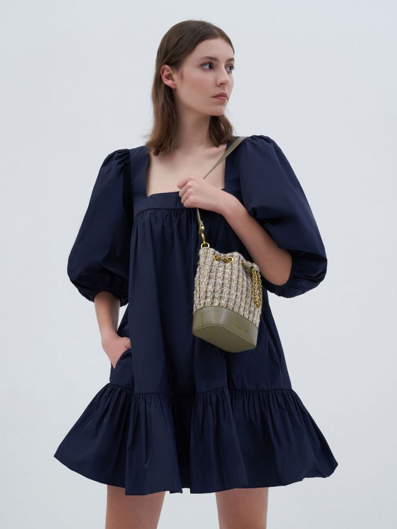 bucket bags Charles And Keith Dancer Χοντρός Chain Tweed γκρι | 32614-DLOU