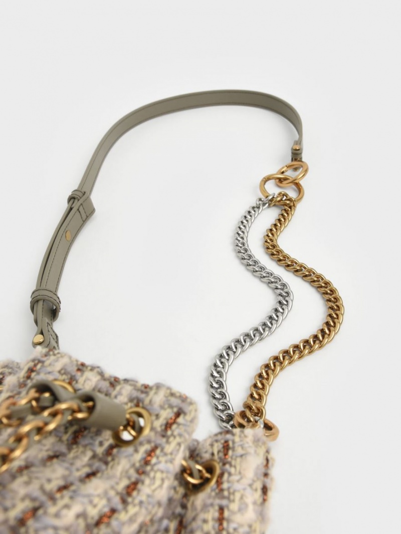 bucket bags Charles And Keith Dancer Χοντρός Chain Tweed γκρι | 32614-DLOU