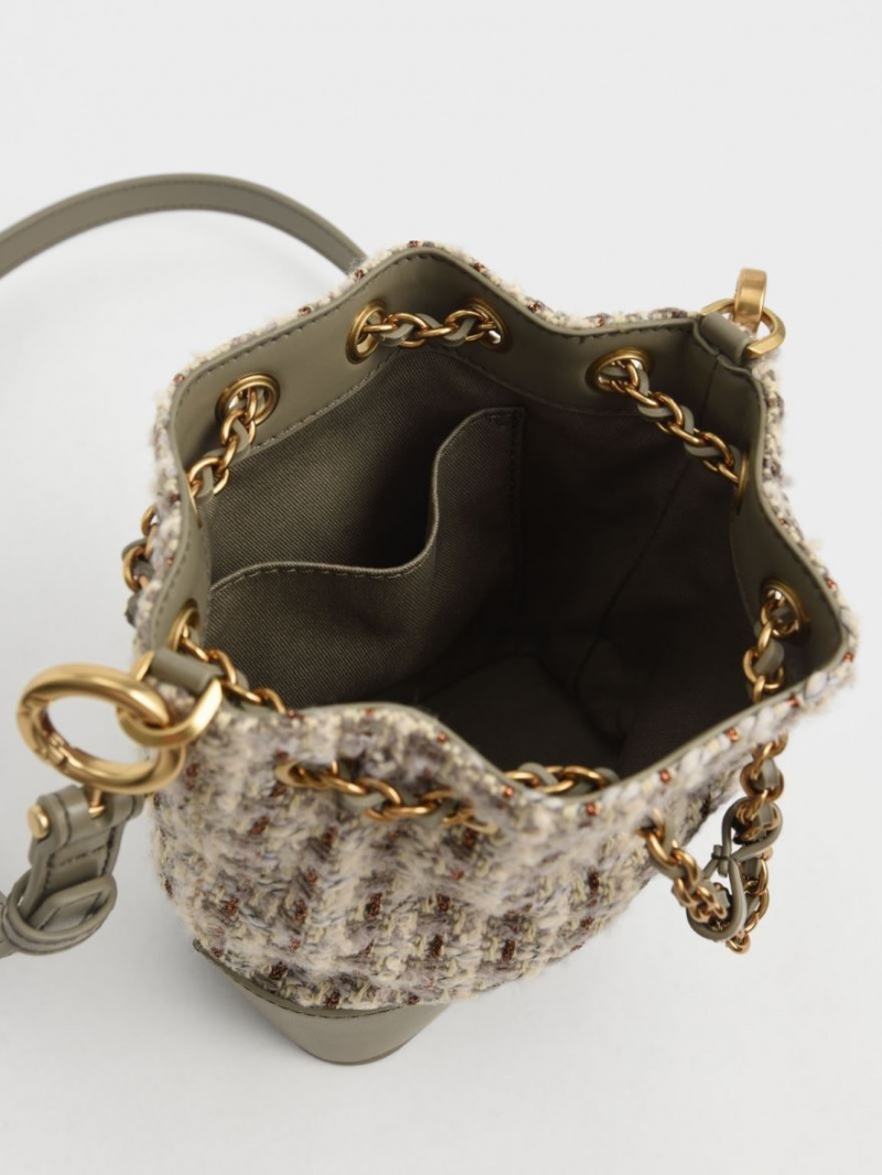 bucket bags Charles And Keith Dancer Χοντρός Chain Tweed γκρι | 32614-DLOU