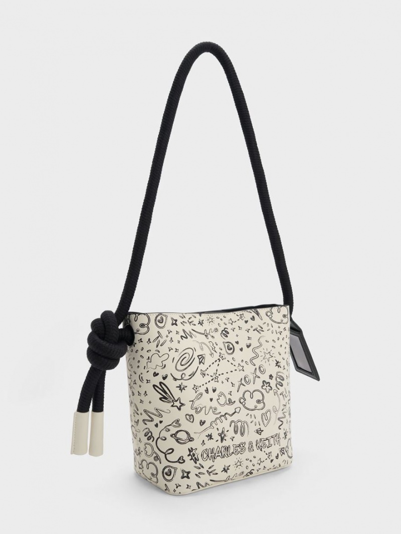 bucket bags Charles And Keith Gwiana Knotted Printed κρέμα | 46905-OEVA