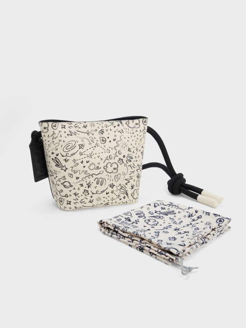 bucket bags Charles And Keith Gwiana Knotted Printed κρέμα | 46905-OEVA