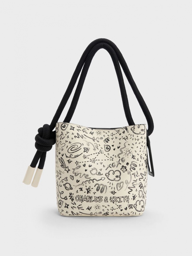 bucket bags Charles And Keith Gwiana Knotted Printed κρέμα | 46905-OEVA