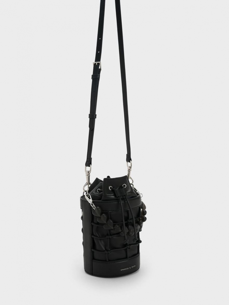 bucket bags Charles And Keith Heart Motif Caged μαυρα | 17654-VUTB