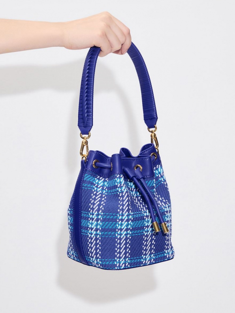 bucket bags Charles And Keith Tweed Braided-Handle Drawstring μπλε | 74385-EXYL