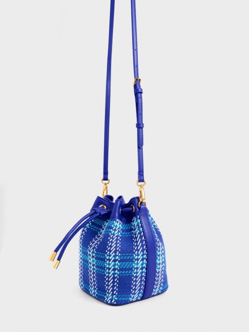 bucket bags Charles And Keith Tweed Braided-Handle Drawstring μπλε | 74385-EXYL