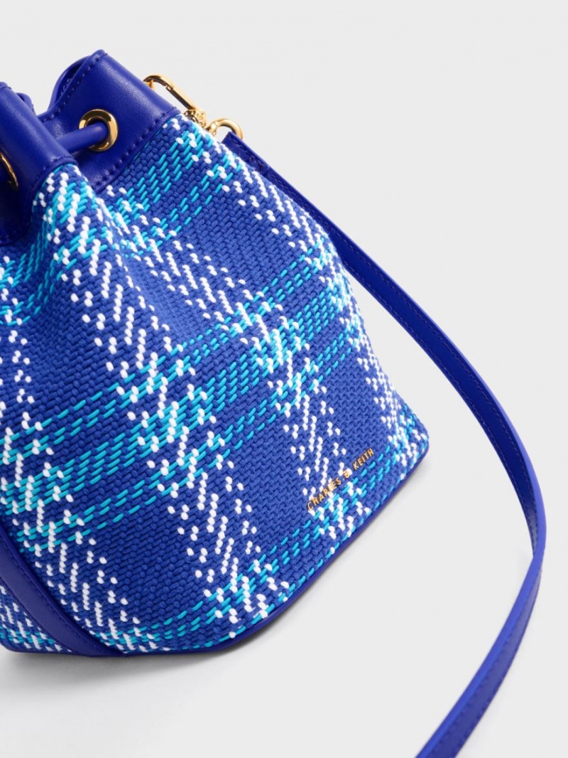 bucket bags Charles And Keith Tweed Braided-Handle Drawstring μπλε | 74385-EXYL
