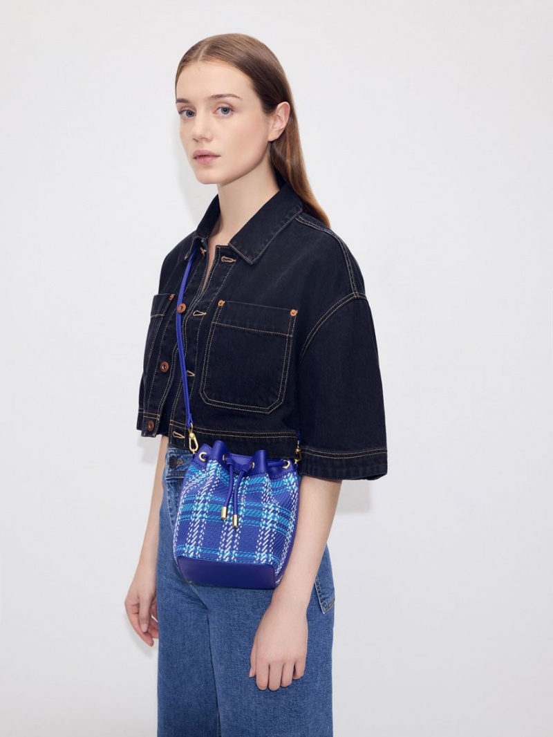 bucket bags Charles And Keith Tweed Braided-Handle Drawstring μπλε | 74385-EXYL