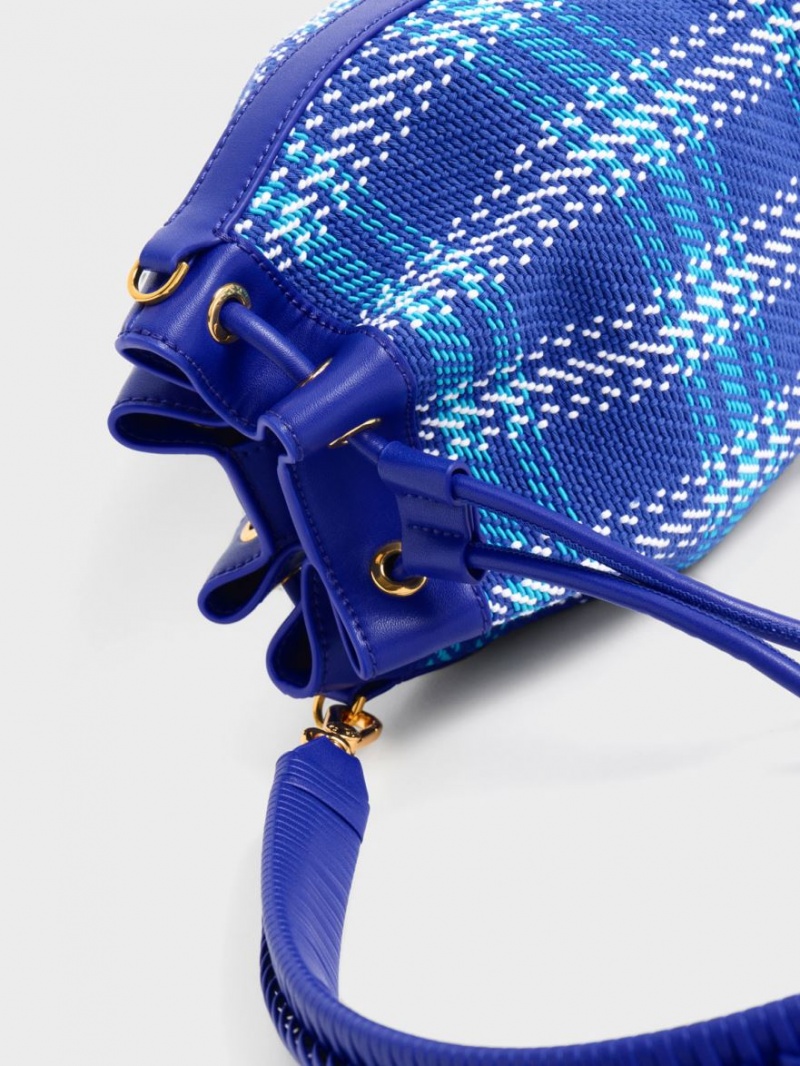 bucket bags Charles And Keith Tweed Braided-Handle Drawstring μπλε | 74385-EXYL