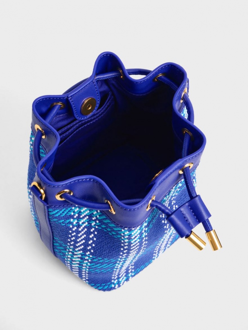 bucket bags Charles And Keith Tweed Braided-Handle Drawstring μπλε | 74385-EXYL