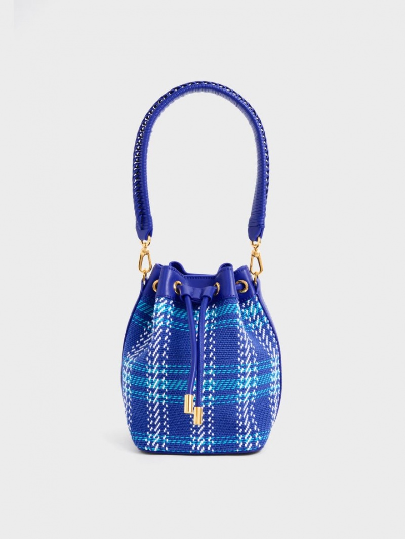 bucket bags Charles And Keith Tweed Braided-Handle Drawstring μπλε | 74385-EXYL