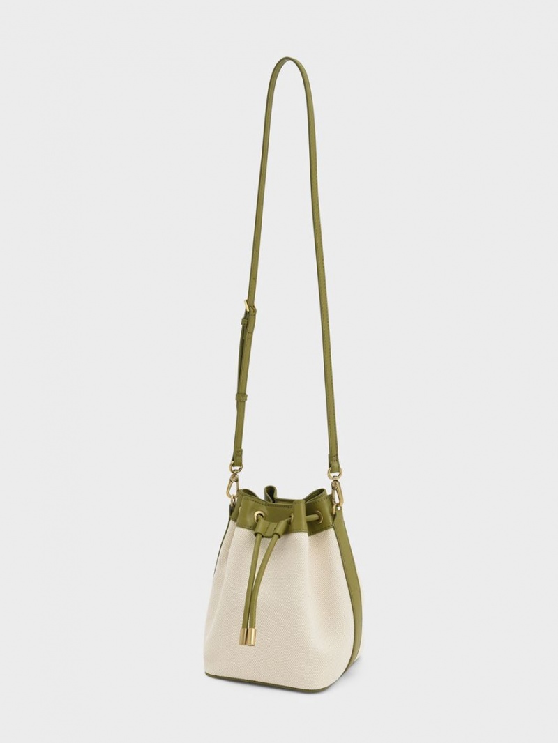 bucket bags Charles And Keith Woven Handle καμβα Ελιά κρέμα | 68234-HNTC