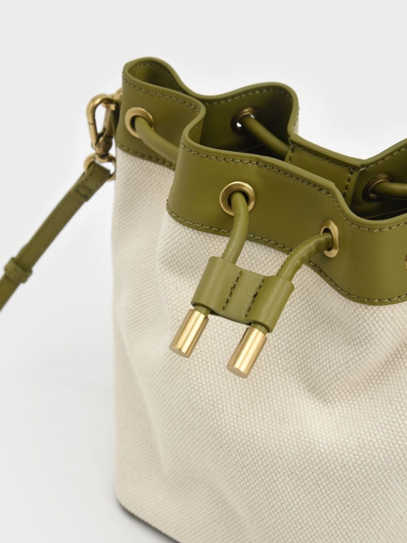 bucket bags Charles And Keith Woven Handle καμβα Ελιά κρέμα | 68234-HNTC