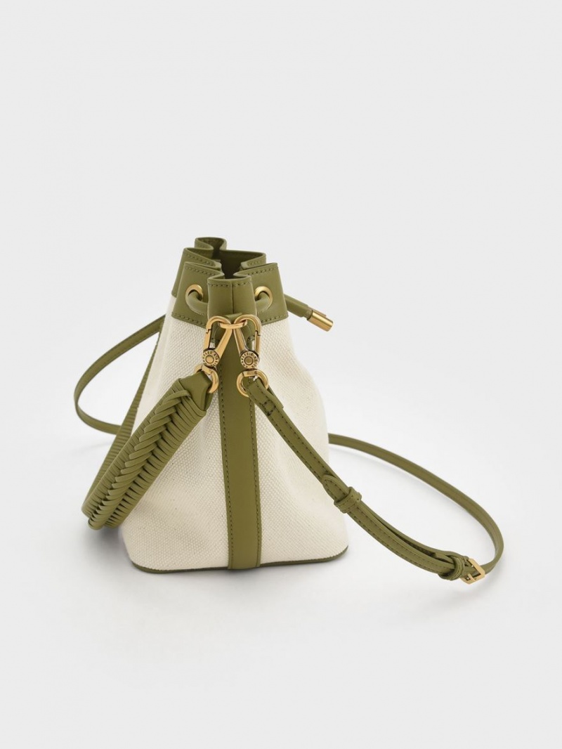 bucket bags Charles And Keith Woven Handle καμβα Ελιά κρέμα | 68234-HNTC