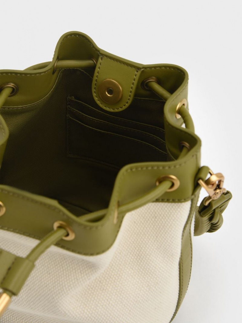 bucket bags Charles And Keith Woven Handle καμβα Ελιά κρέμα | 68234-HNTC