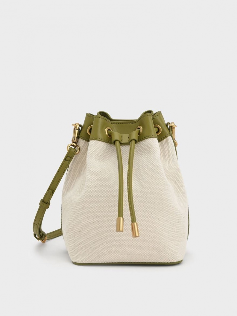 bucket bags Charles And Keith Woven Handle καμβα Ελιά κρέμα | 68234-HNTC