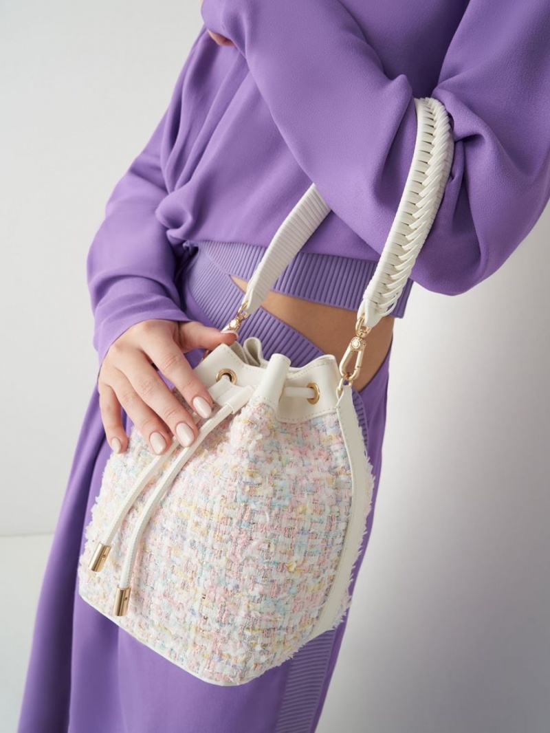 bucket bags Charles And Keith Woven Handle Tweed ανοιχτο ροζ | 93172-UOWB