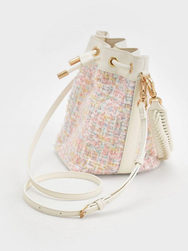 bucket bags Charles And Keith Woven Handle Tweed ανοιχτο ροζ | 93172-UOWB