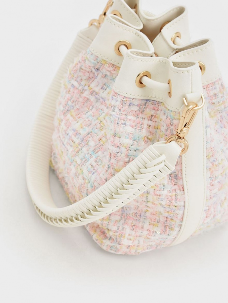 bucket bags Charles And Keith Woven Handle Tweed ανοιχτο ροζ | 93172-UOWB