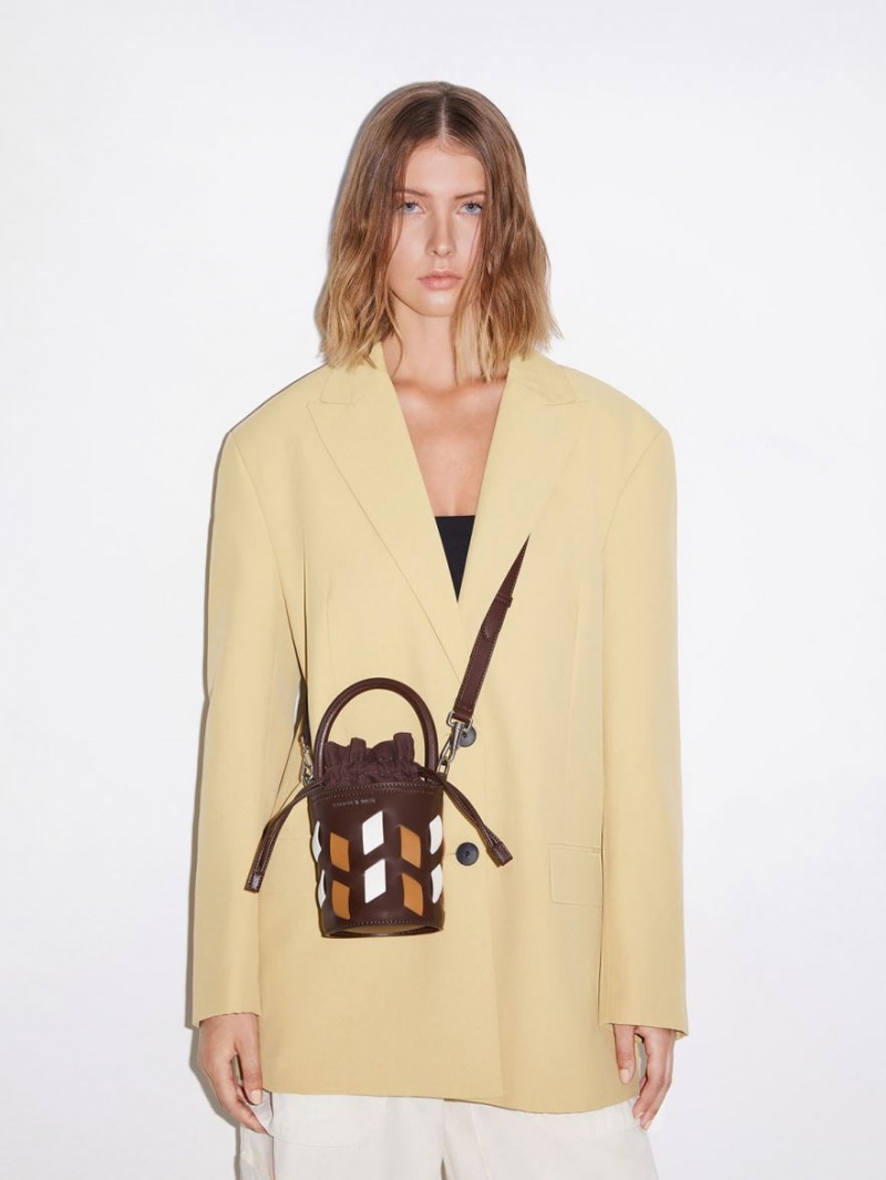bucket bags Charles And Keith καμβα Panelled σκούρο καφε | 70261-JGVW