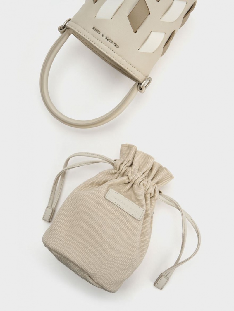 bucket bags Charles And Keith καμβα Panelled Μπεζ | 17680-VKXR